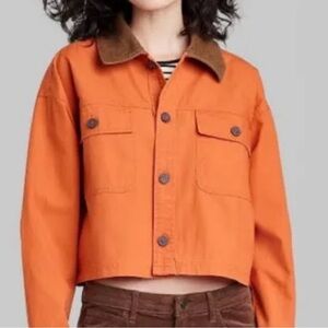NWOT Wild Fable rust-orange cropped denim jacket with corduroy collar size M
